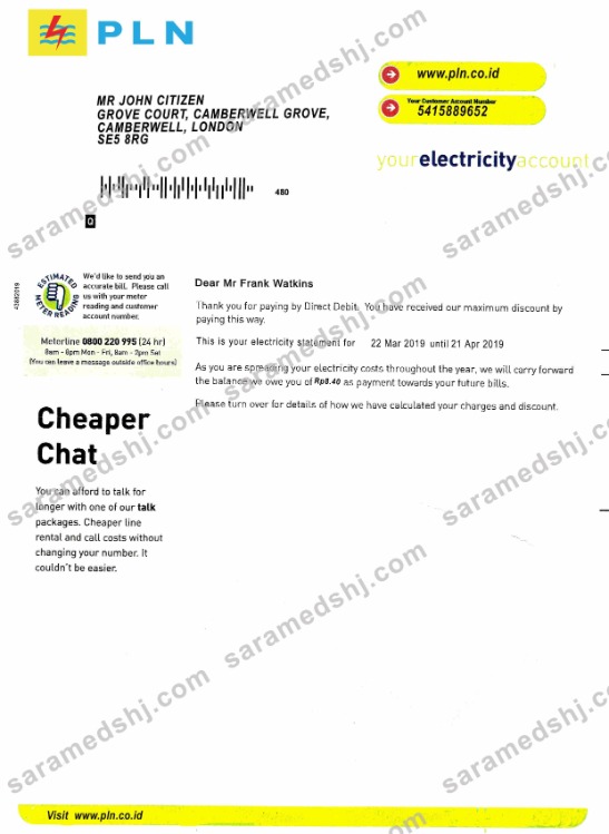 Indonesia PLN electricity utility bill template, fully editable in PSD format